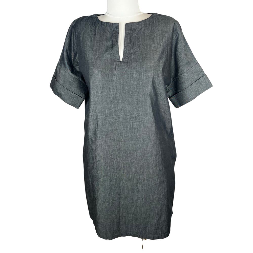 Ming Wang Charcoal Gray Cotton Chambray Split Neck Shift Dress Size S Pockets